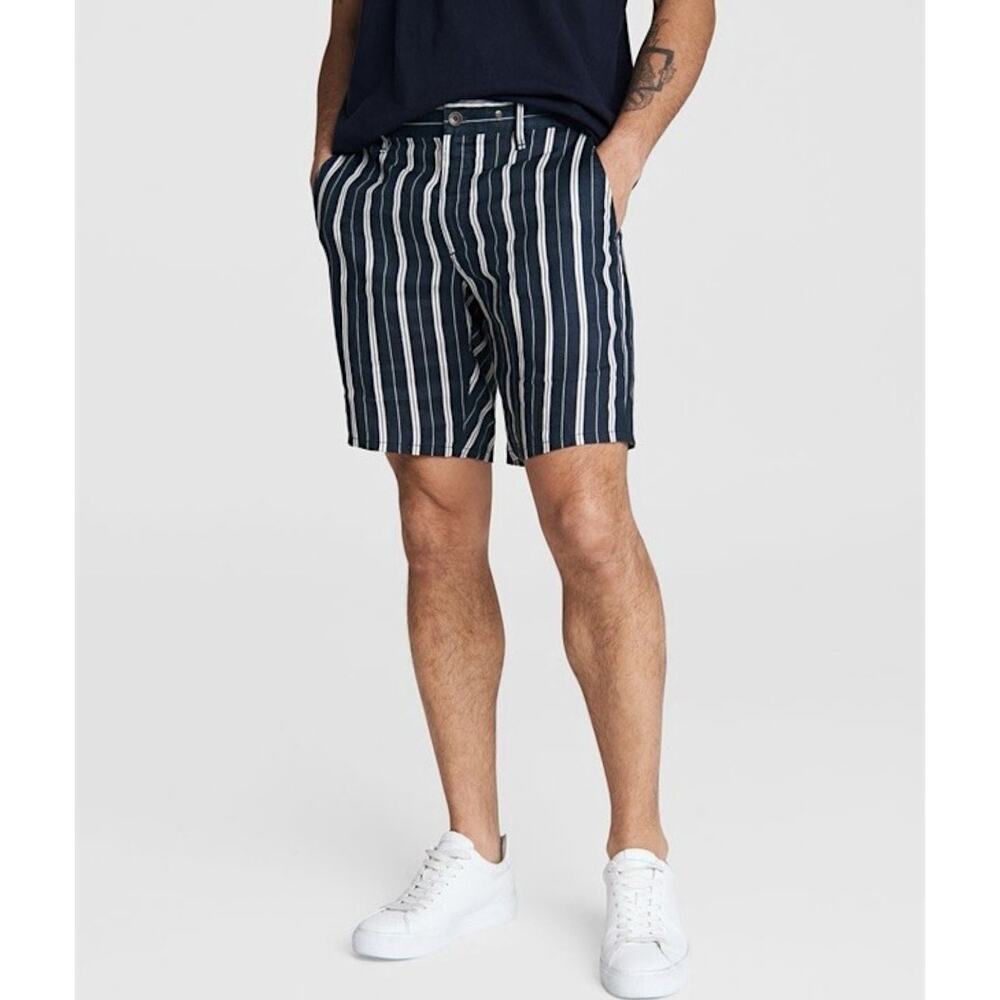 RAG & BONE Perry Linen Blend Shorts Striped Navy Blue Coastal Beach Cruise Lake
